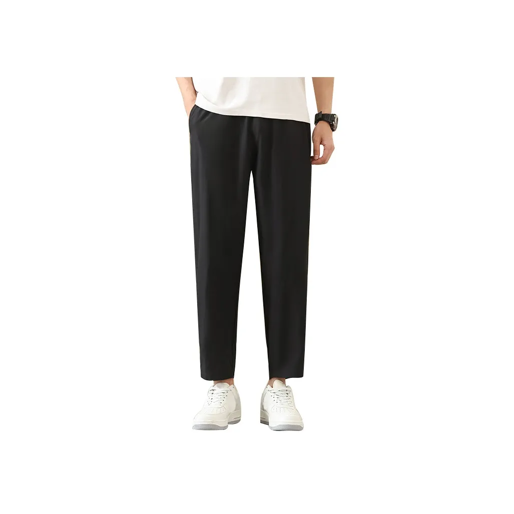 JEANSWEST Ankle Length Thin Solid Color Stretch Straight Fit Pants Ice Silk Summer Men's Black