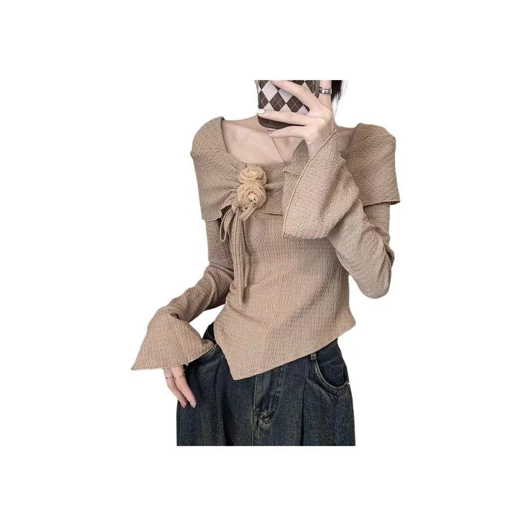 ABBY GODDESS Весна-осень Off The плечо Расклешенный рукав Трикотаж Женский