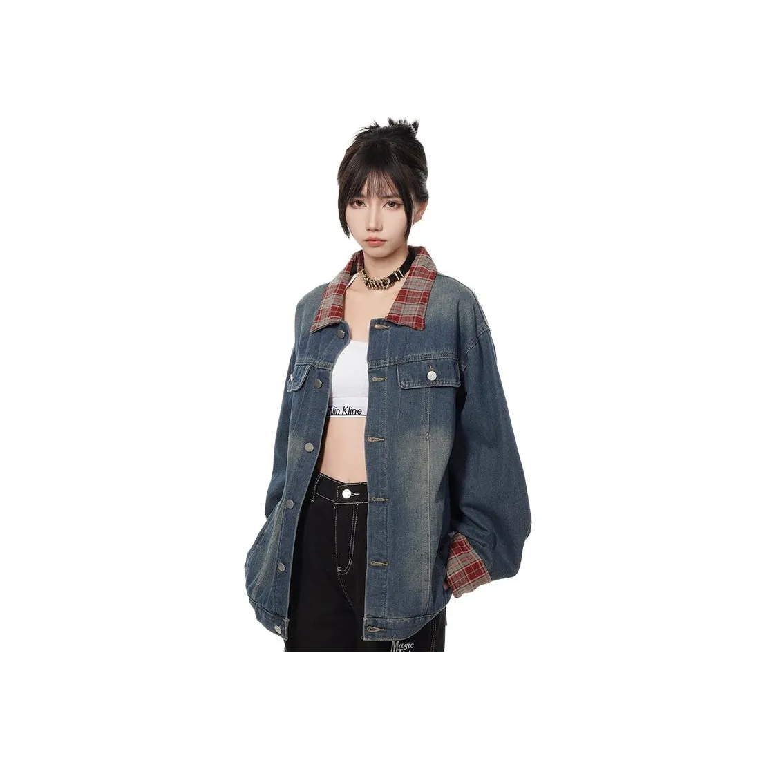 PISYPOX Синий Красный Клетка Унисекс Джинсовые Куртки