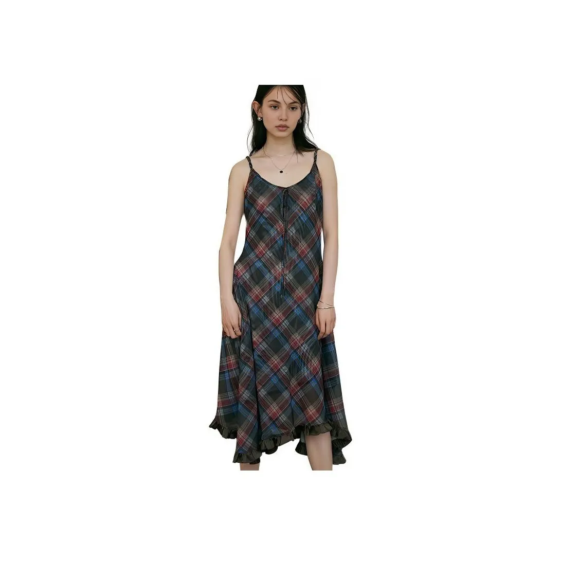 BLUEerror Slip Dress Women's Vintage Red Coffee Plaid