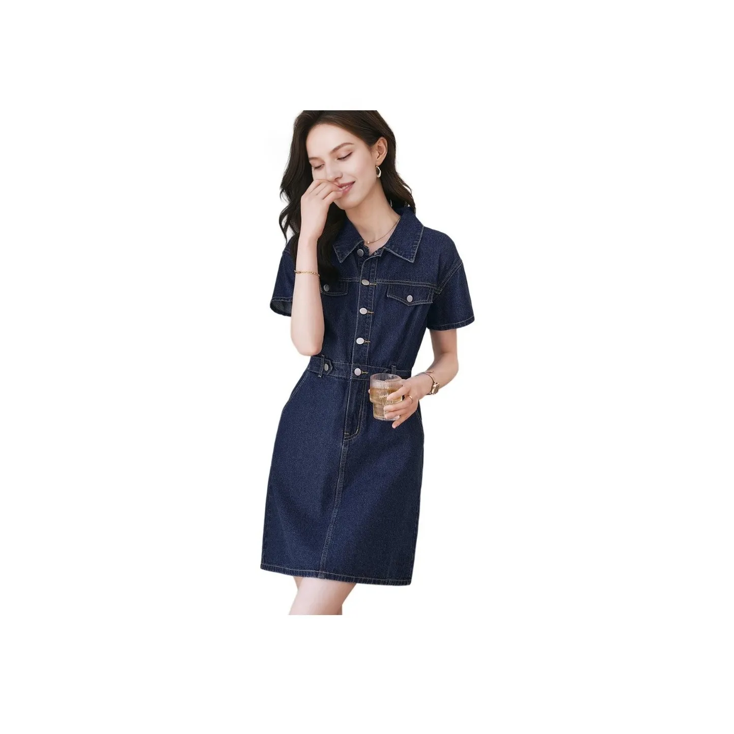 Mo Han Yi Mei Short Sleeved Dress Women's Dark Denim Blue