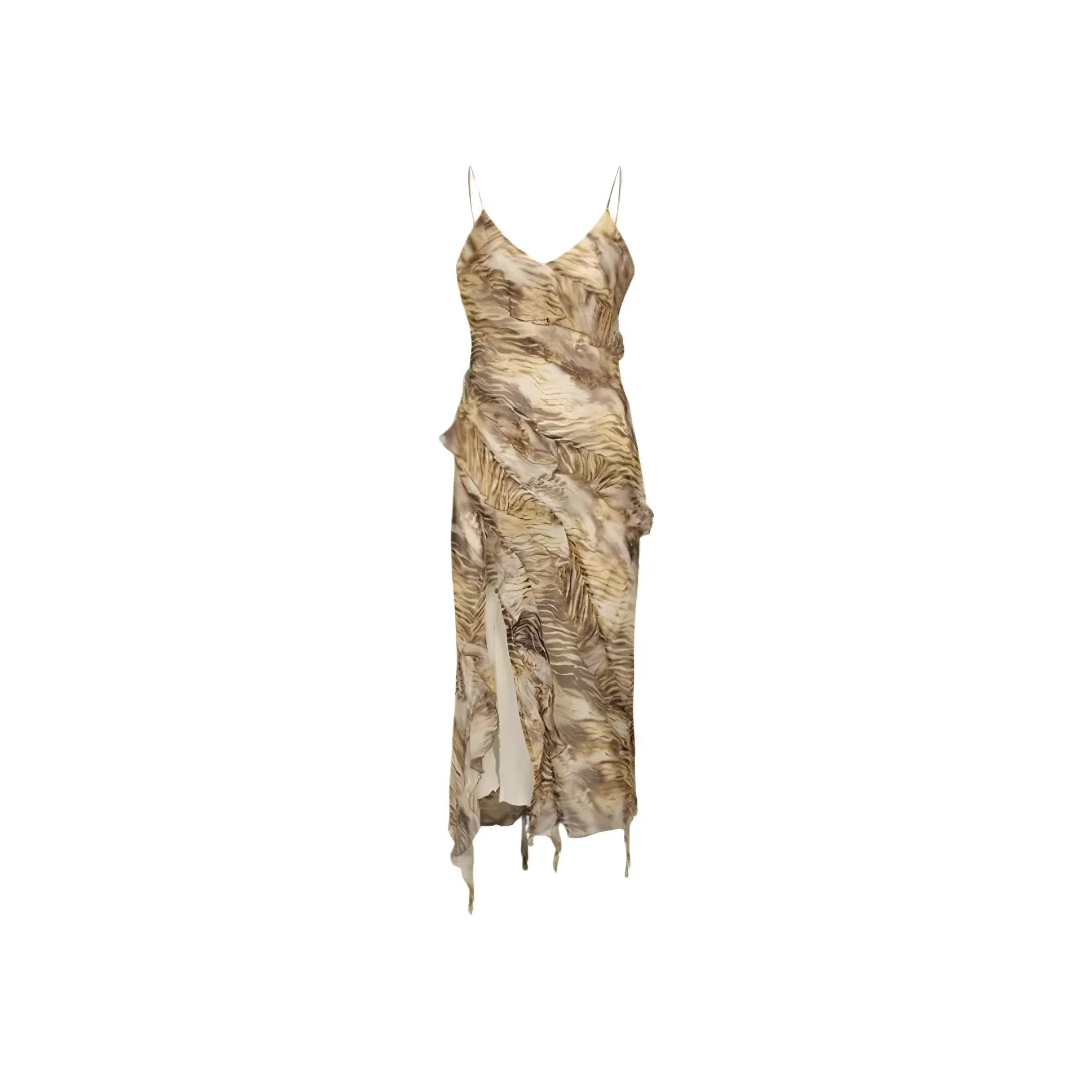 URBAN REVIVO Slip Dress Women's Khaki Brown Print