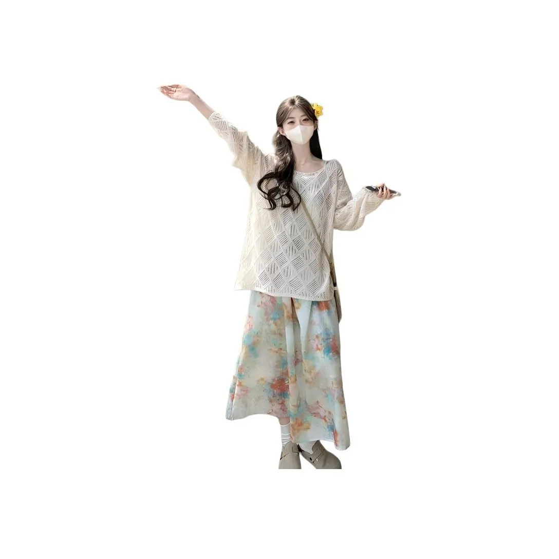 HTHK Многоцветный Платье-камзол + Абрикосовый Кардиган Женские Комплекты с Юбкой