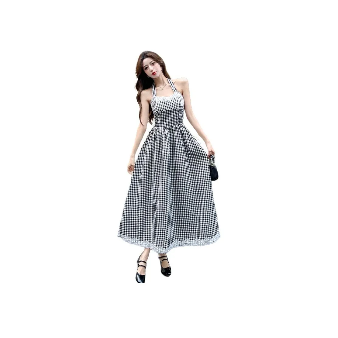 HUINIAN Slip Dresses Women's Black White Plaid