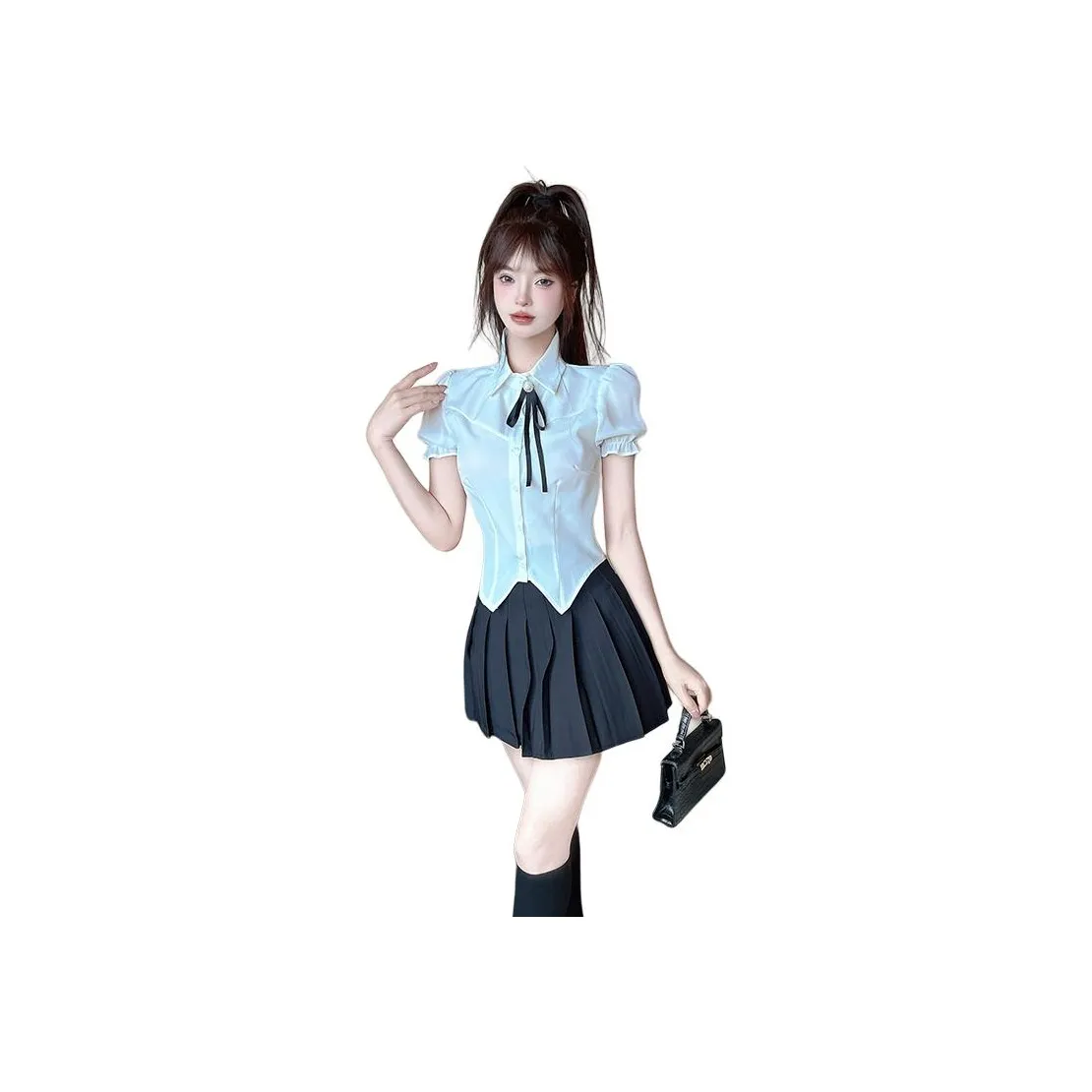 DGMZ Uniforms Women's White Top Bow Tie+Black Skirt Clothing Set