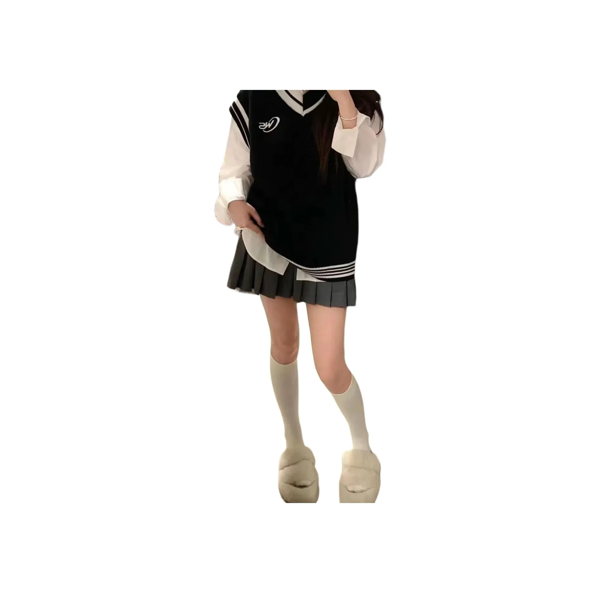 Mu Qingqing Белая рубашка + Серый плиссированный кулот + Черный жилет Комплекты одежды Женские Юбка Комплекты