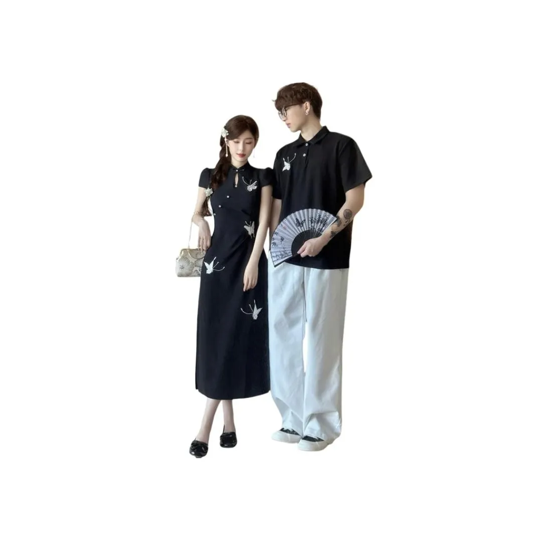 QYPRF Черная одежда для пары Мужской Polo + Женские Cheongsam Женские парные комплекты