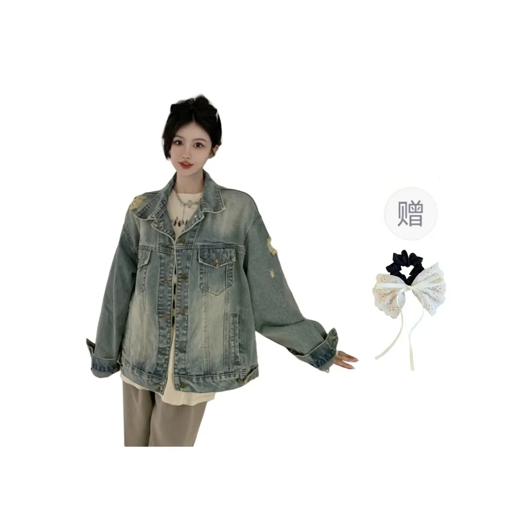 TUSHIFEI Denim Jackets Unisex Blue+Bowknot Hair Tie Comes With