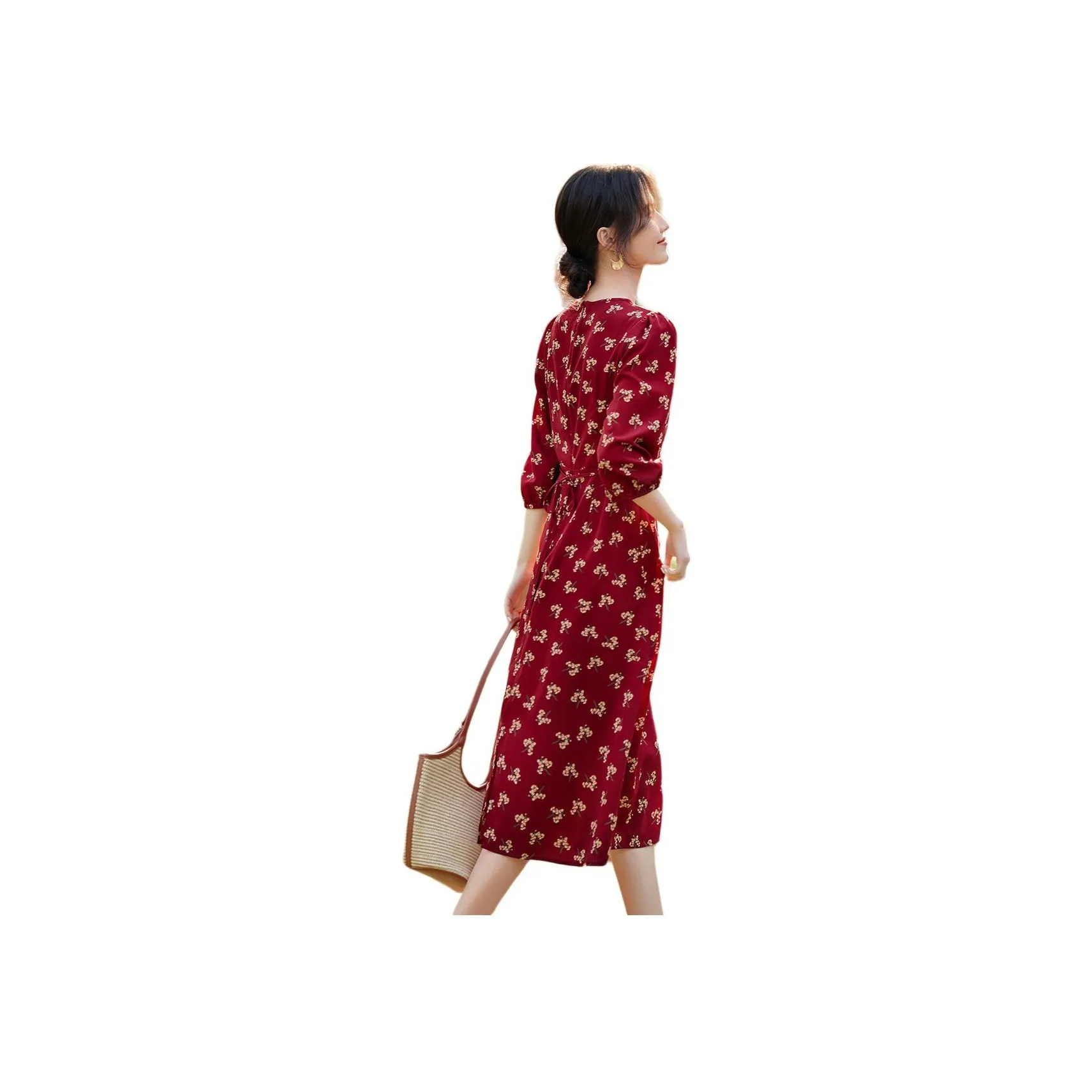 XWI Long Sleeved Dress Women's Red With Yellow Floral