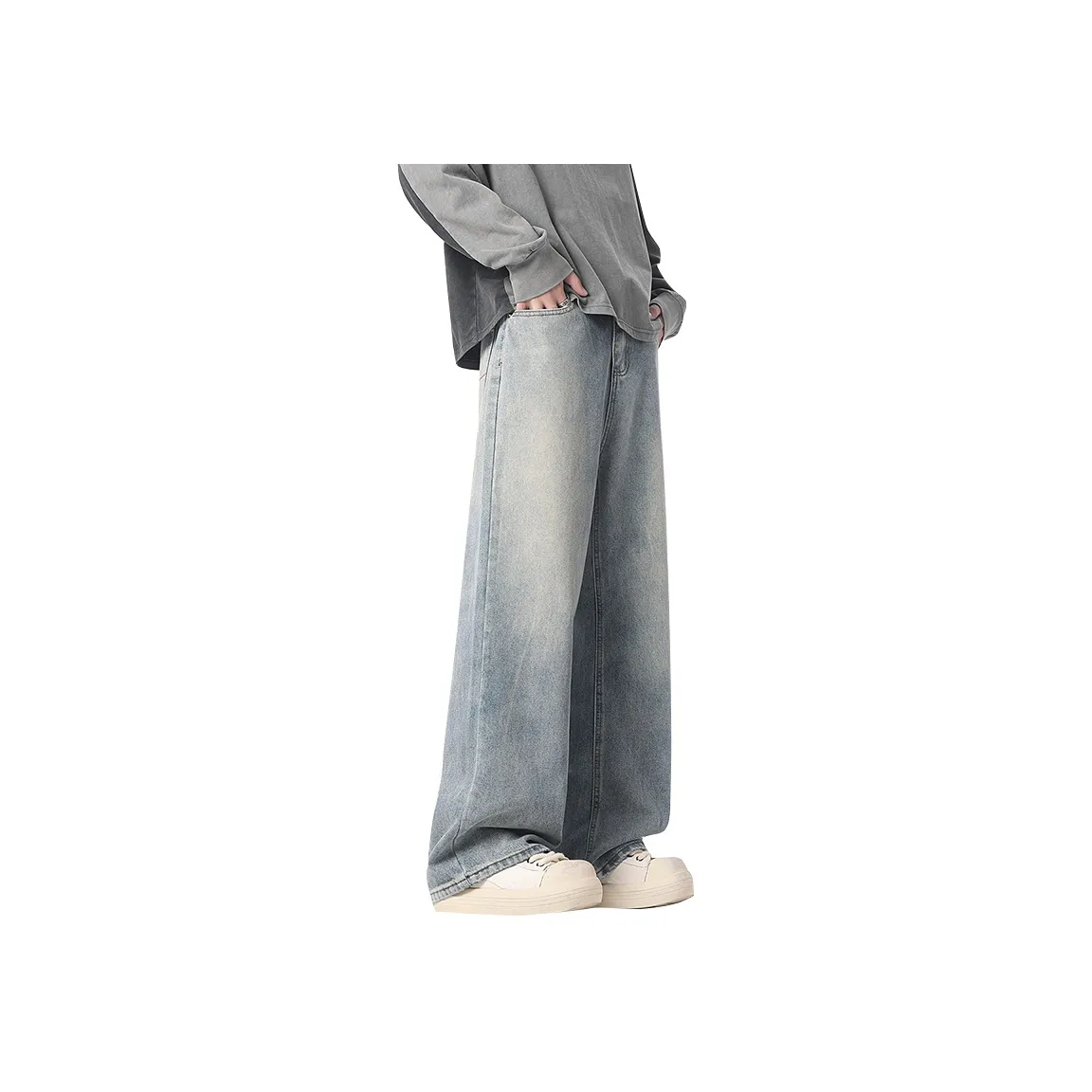 FONDLOOK Blue Washable Distressed Jeans Men's