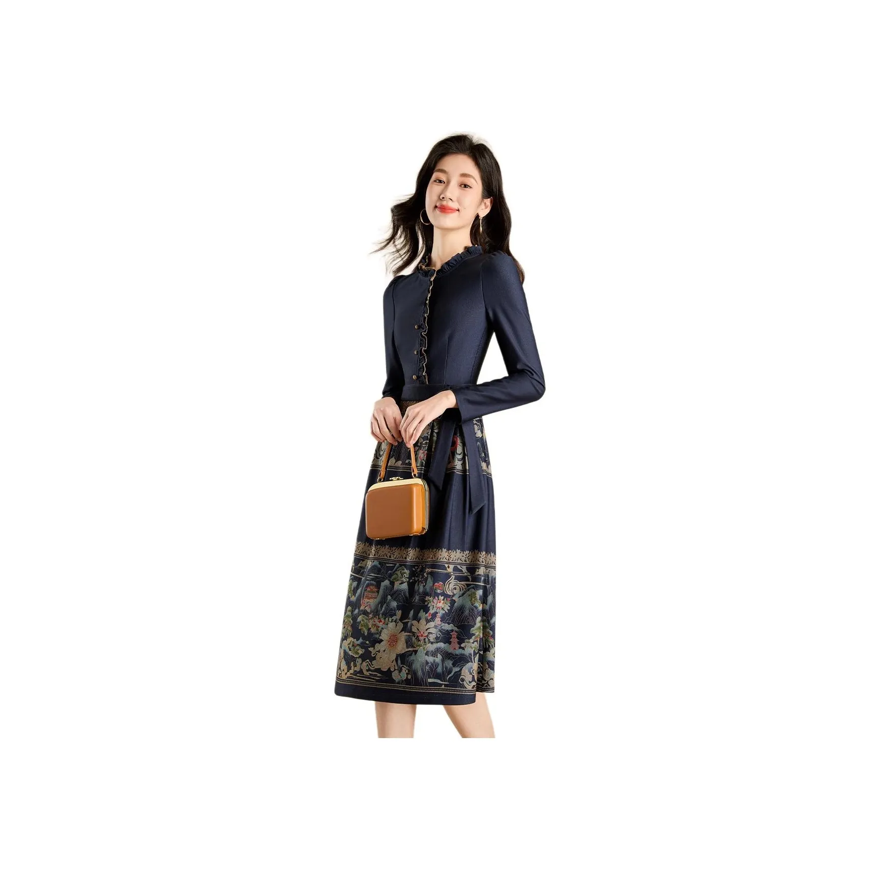 Mylan Spring, Fall Long Sleeved Dress Cinched Waist Women's Blue