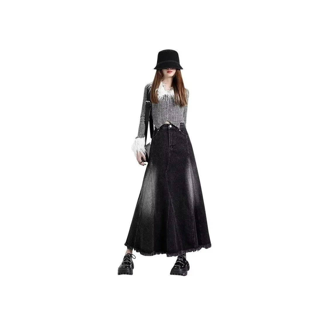 Alxnan Denim Long Skirt Women's Black
