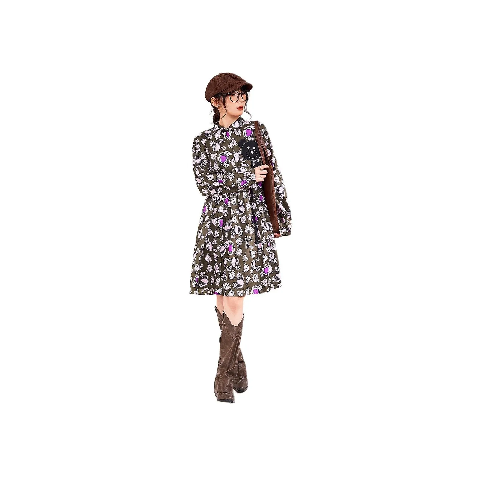 MUGUOGUOMU Long Sleeved Dress Women's Coffee Pink