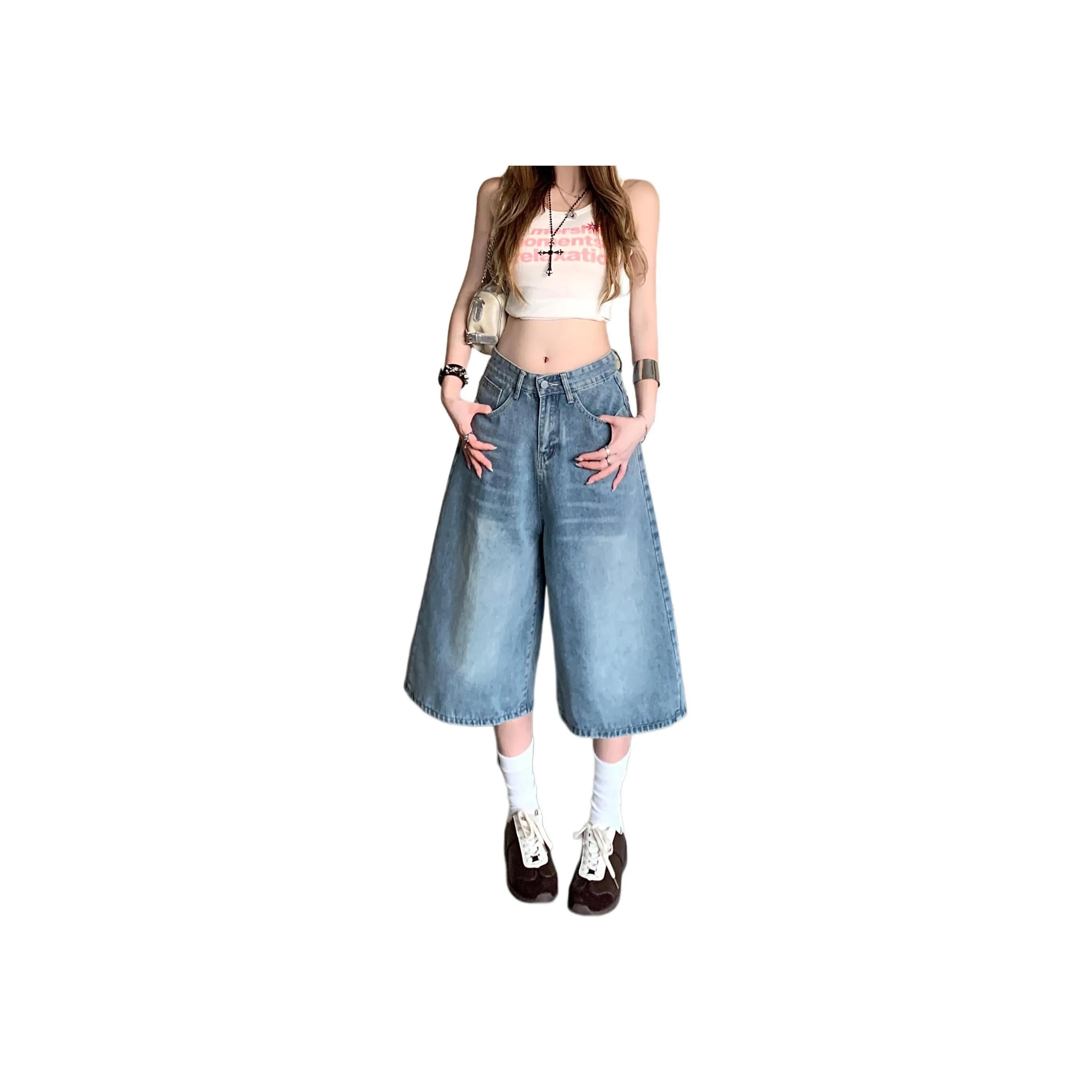 Wen Shan Светло-синие Штаны капри Женские Джинсовые шорты