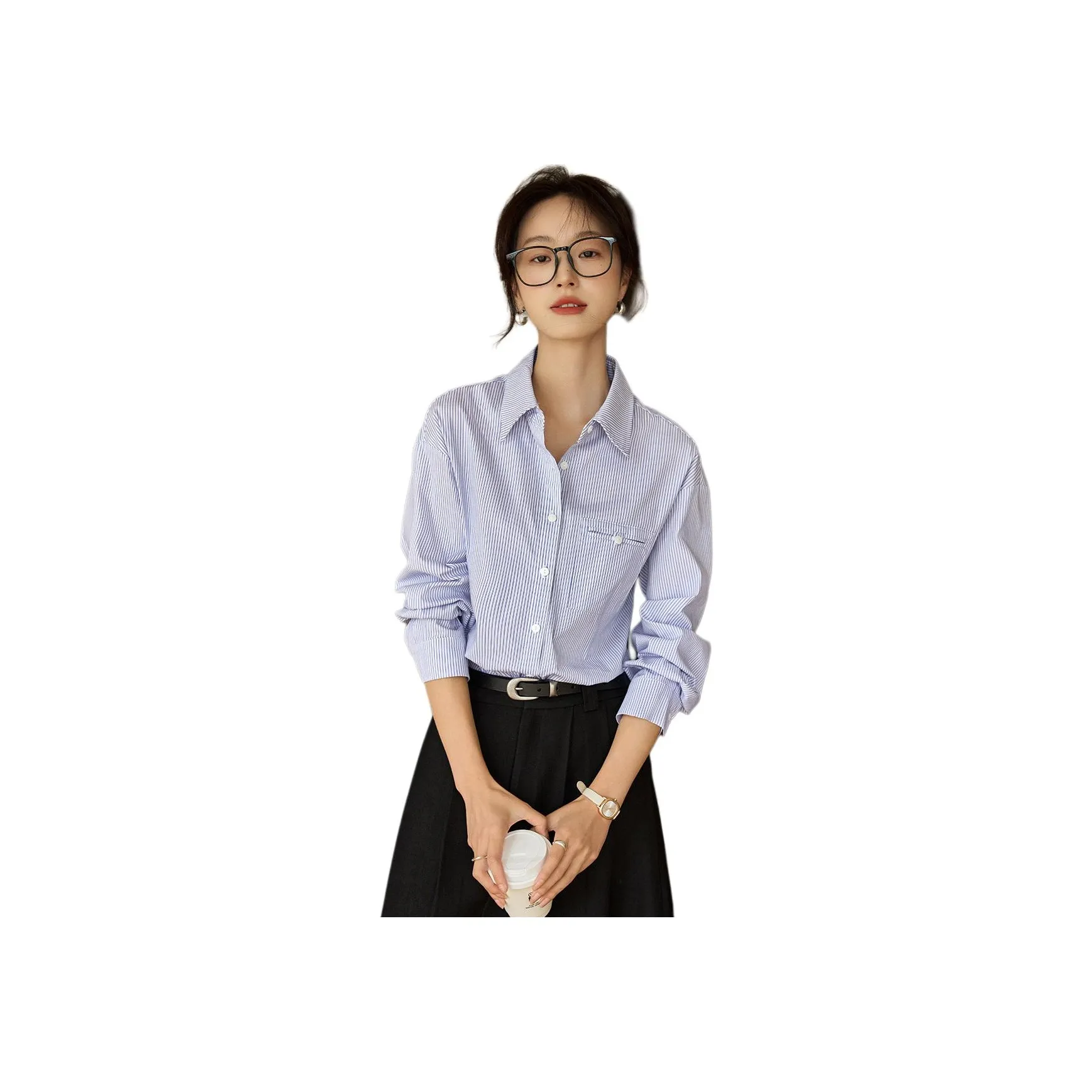 Mo Han Yi Mei Shirt Women's Blue White Pinstripe