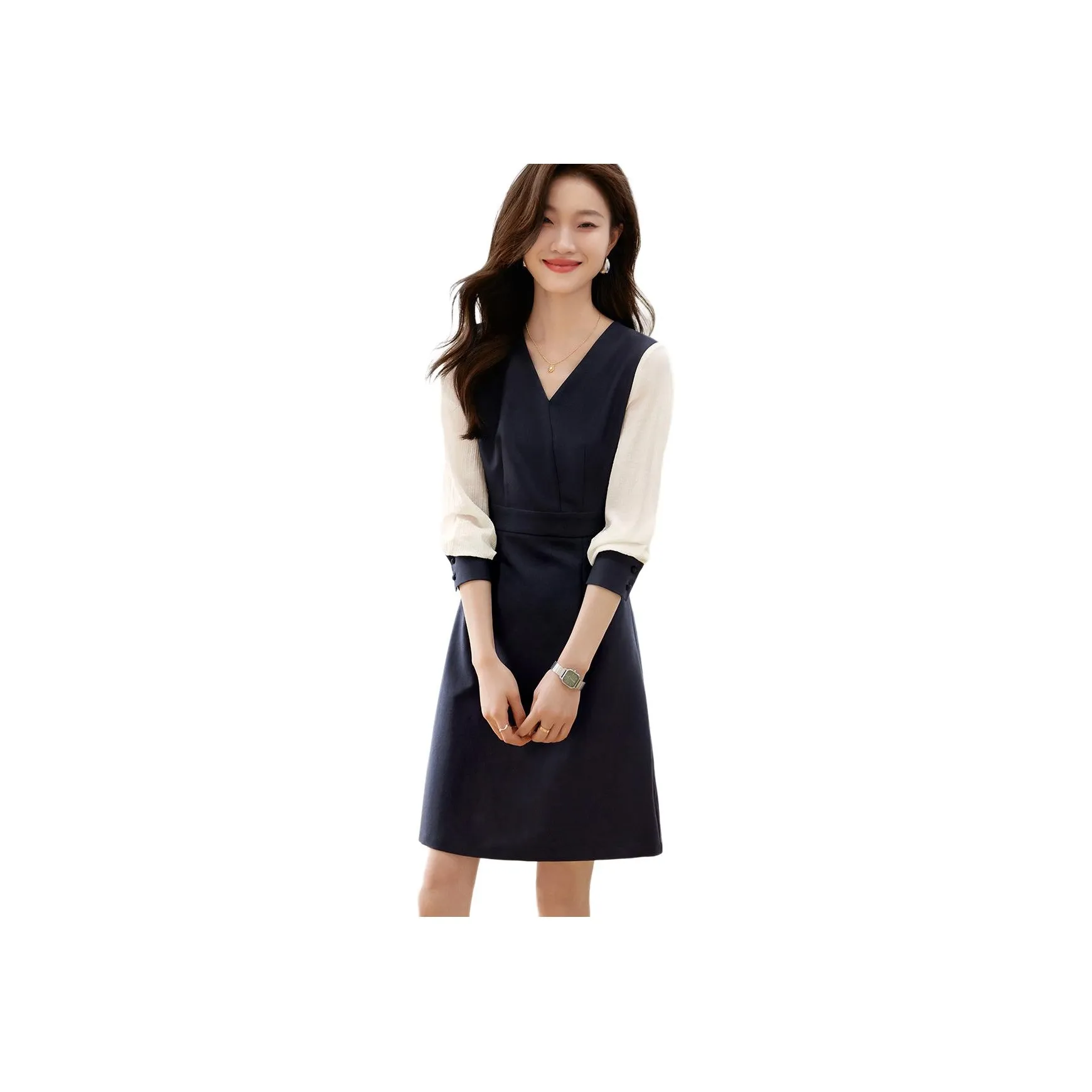 Mo Han Yi Mei Длинное платье с длинными рукавами женское темно-синий и экрю