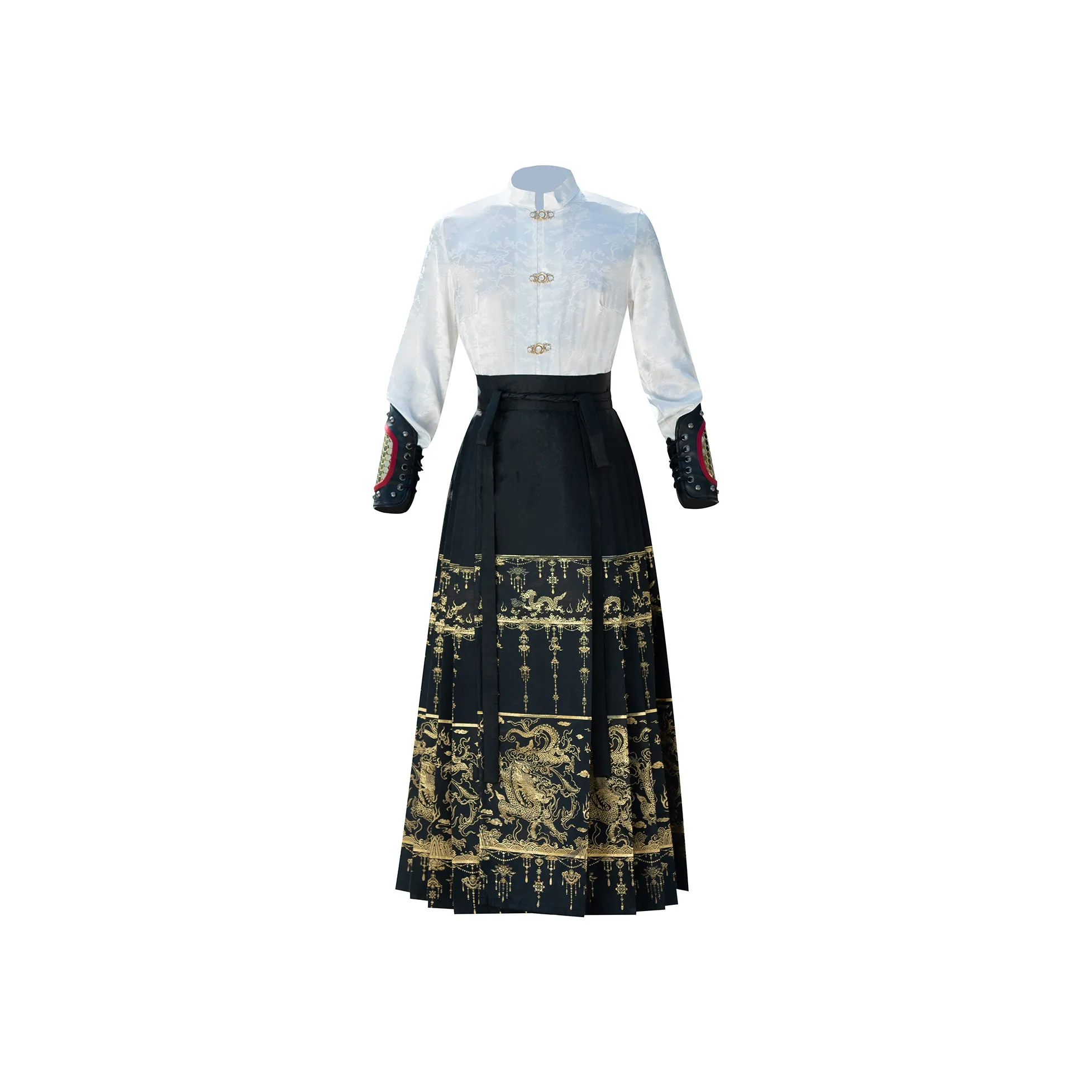 Huan Feather Китайская юбка с узором "конское лицо" Золотая нить Ручная работа Унисекс