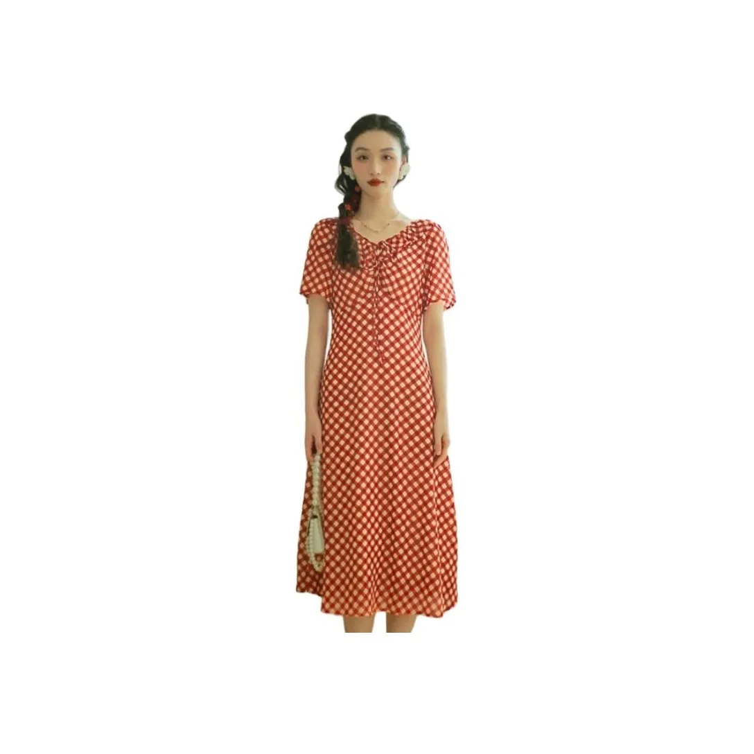 ANNECHEN Retro Short Sleeved Dress Women's