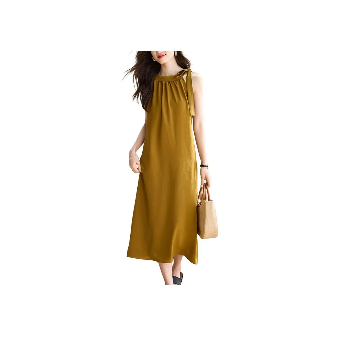 Korean Style Slip Dress Women's Mustard Yellow