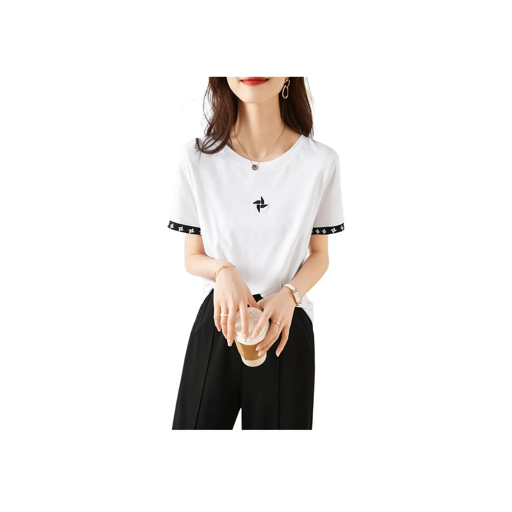 Mo Han Yi Mei Casual Suit Women's Clothing Set White T Shirt+Black Pants