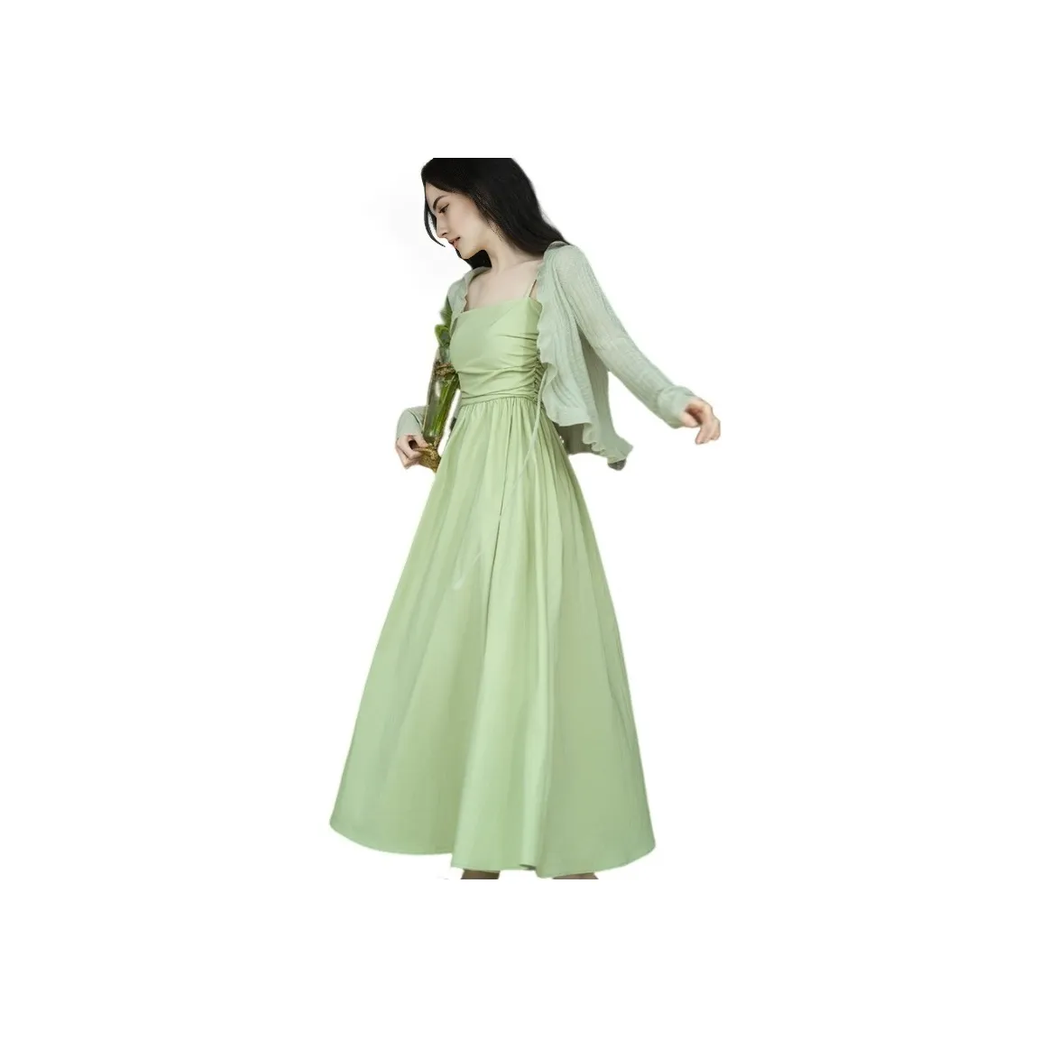 YICHEN Платье с юбкой женское зеленое с верхней одеждой