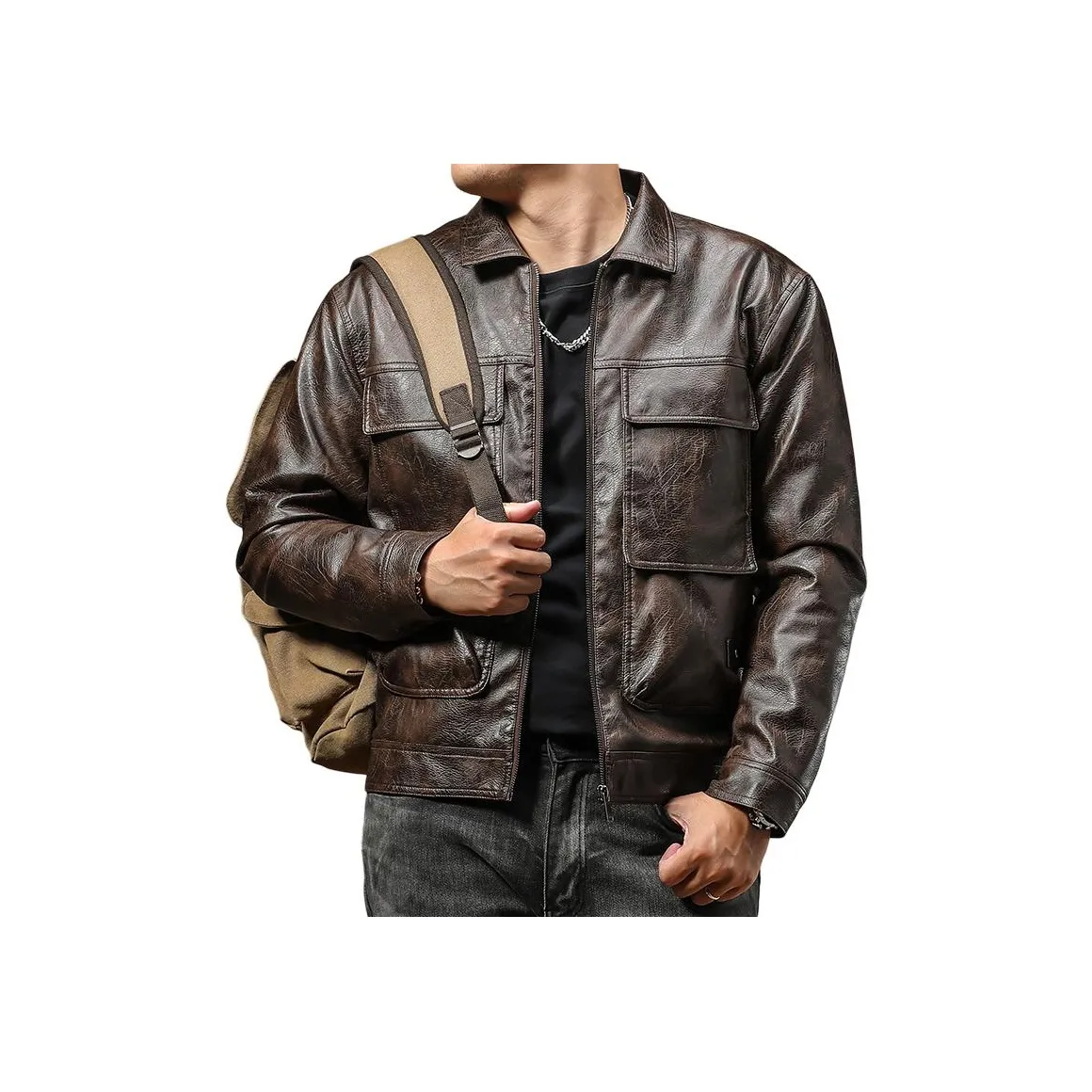 Seasonal Words Leather Jacket Men's Brown