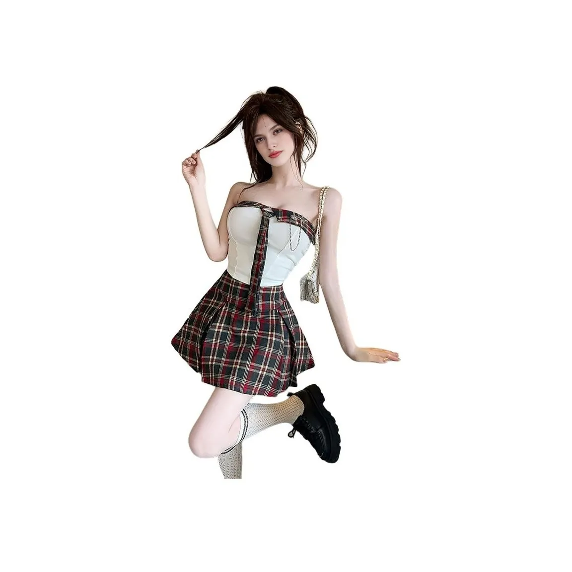 DGMZ Без бретелей Топ Клетчатый Юбка Одежда Комплекты Женские Наборы с юбкой
