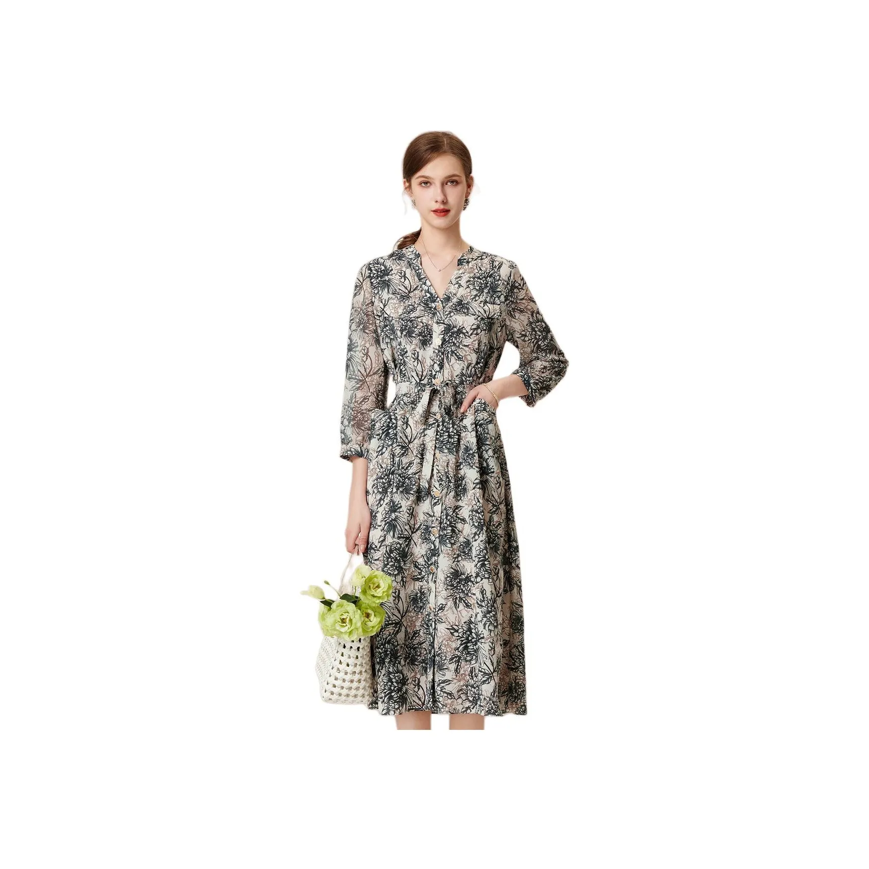 FENHONGMALI Long Sleeved Dresses Women's Gray