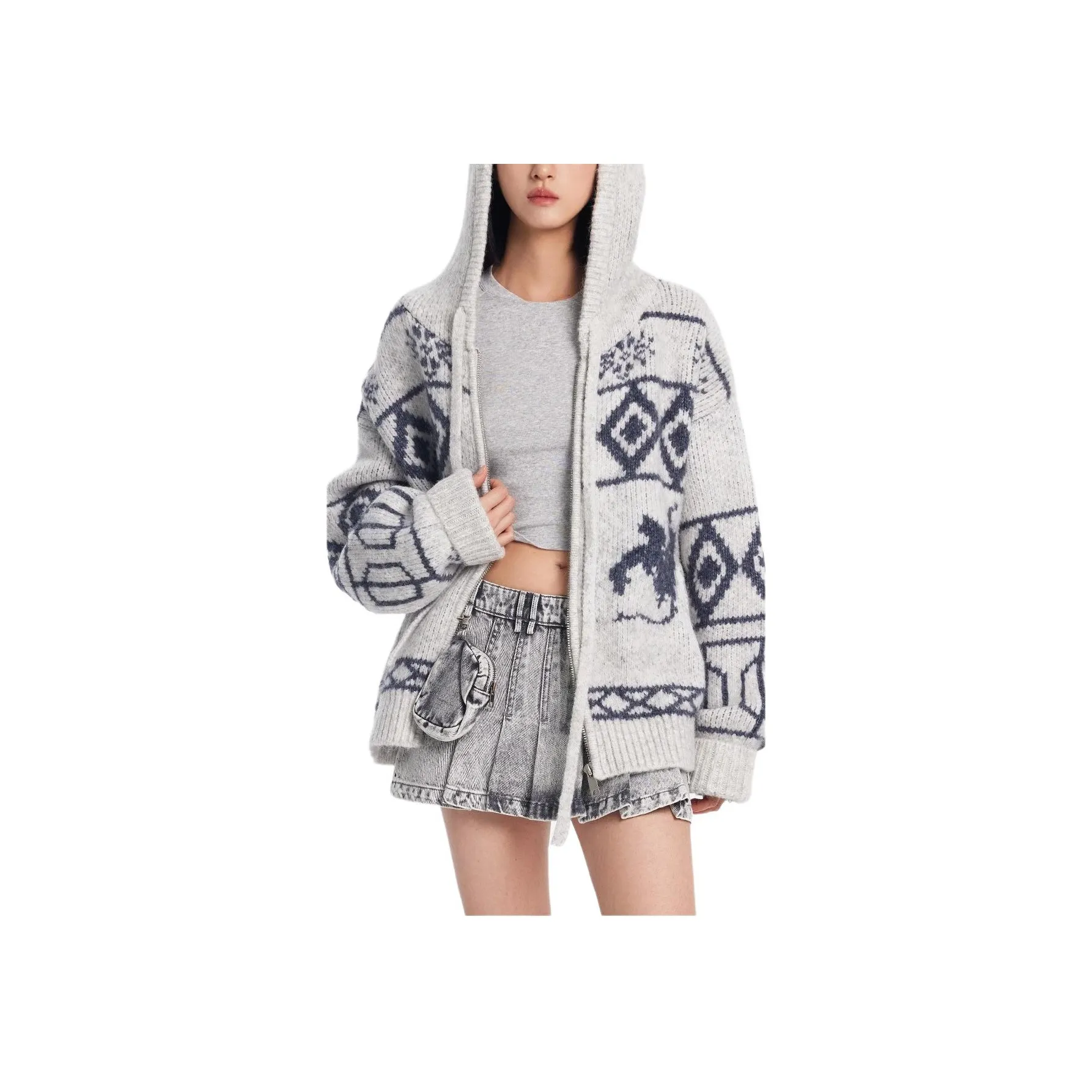 DRAGON FACE Knitwear Women's Beige Gray White With Light Blue Accents