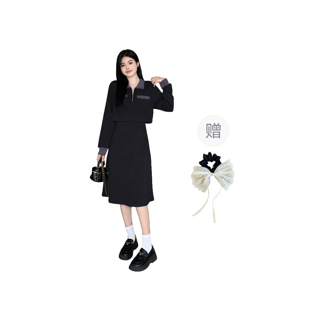 PAVEA Long Sleeved Dresses Women's Black+Bowknot Hair Tie Comes With