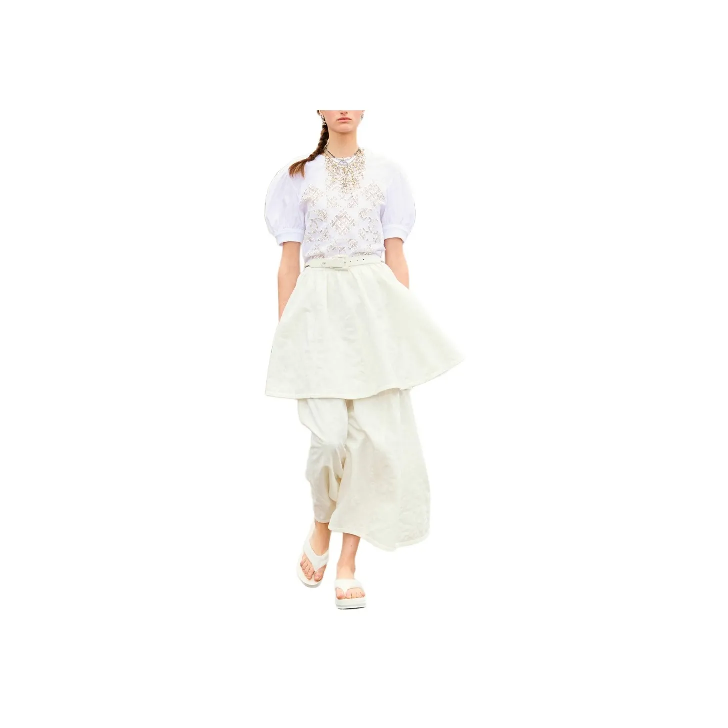 CHANEL Embroidery Cotton Poplin Puff Sleeve T Shirt Women's White