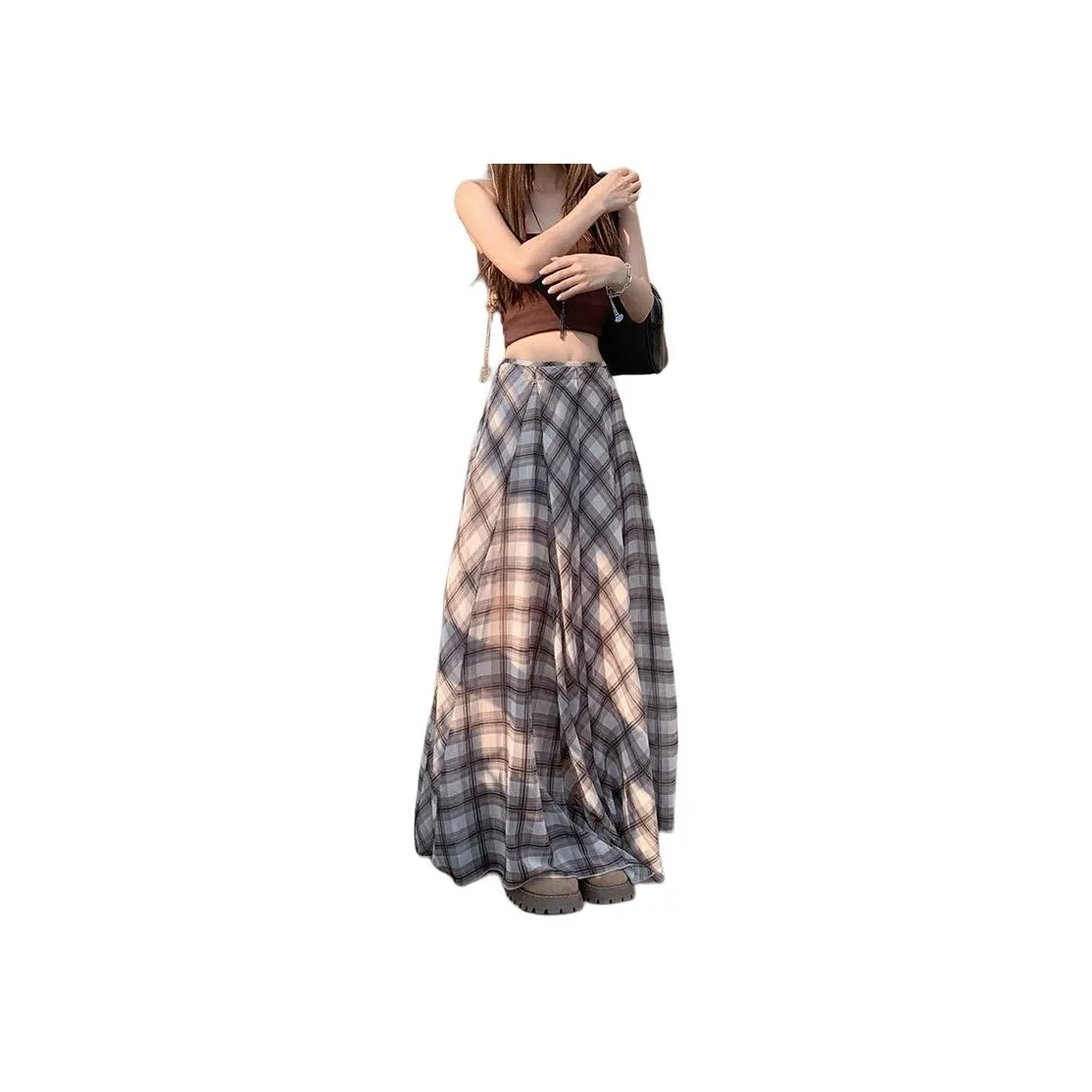 RUXU Коричневая клетка Женские Повседневные длинные юбки
