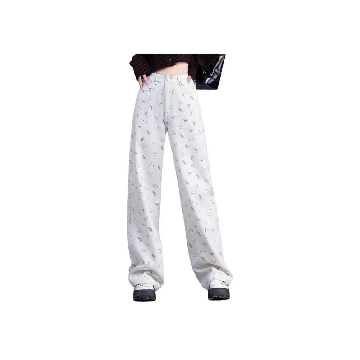 You Cow Me Pants Jeans Women's Beige With Print