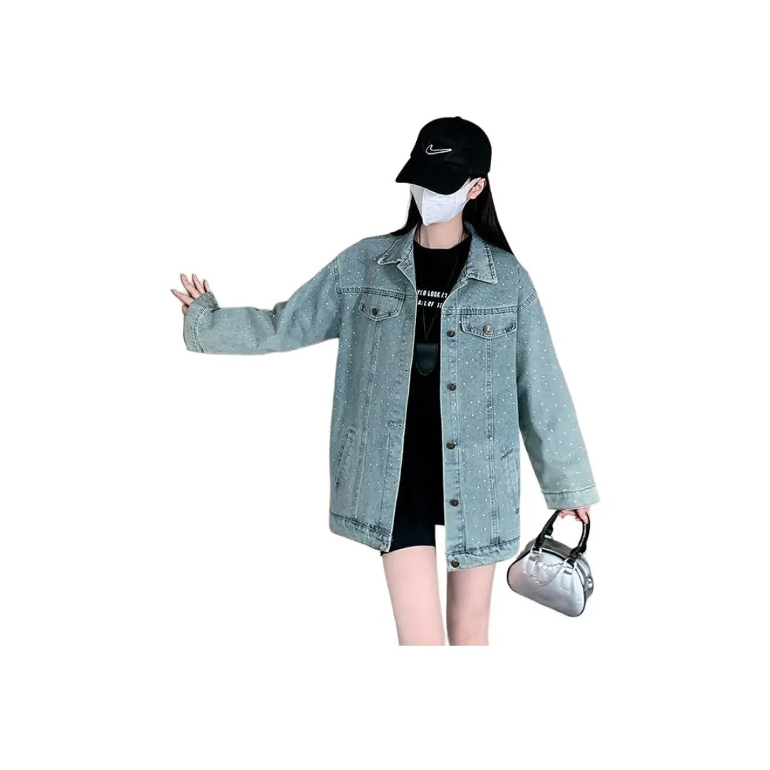 ABBY GODDESS Loose Fit Korean Style Embellished Denim Jacket Women's