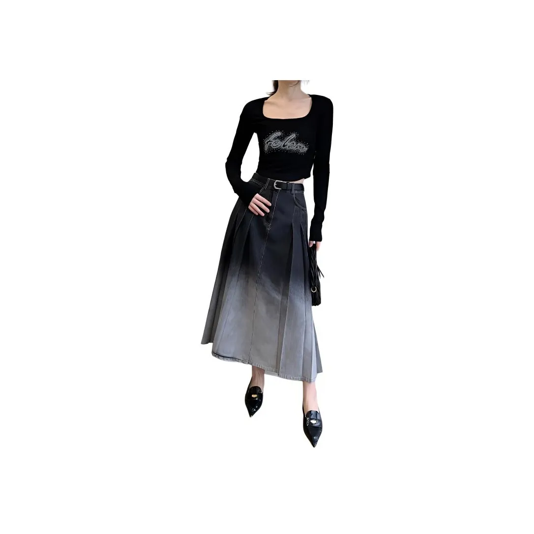 NANING9 Деним Длинная Юбка Женская Черная