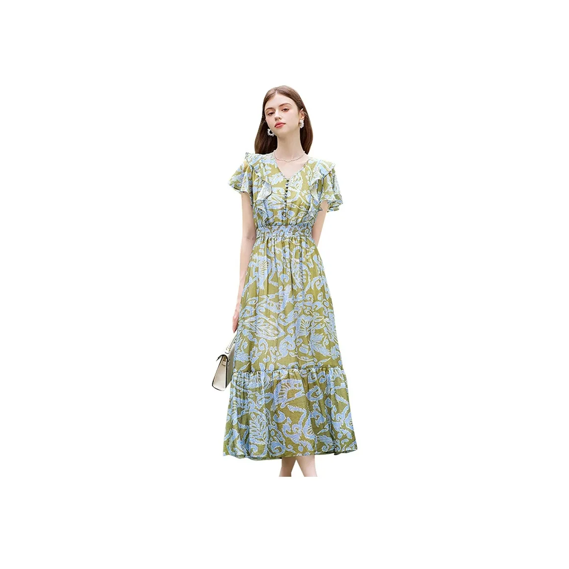 TOUCH Short Sleeved Dress Women's Green With Light Blue Floral