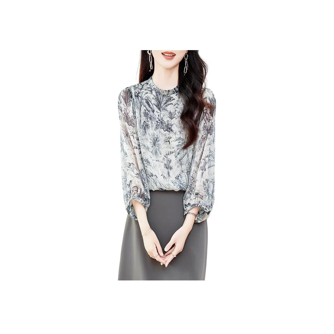Yi Mengyuan Длинный рукав шелковая рубашка женские джунгли чернила