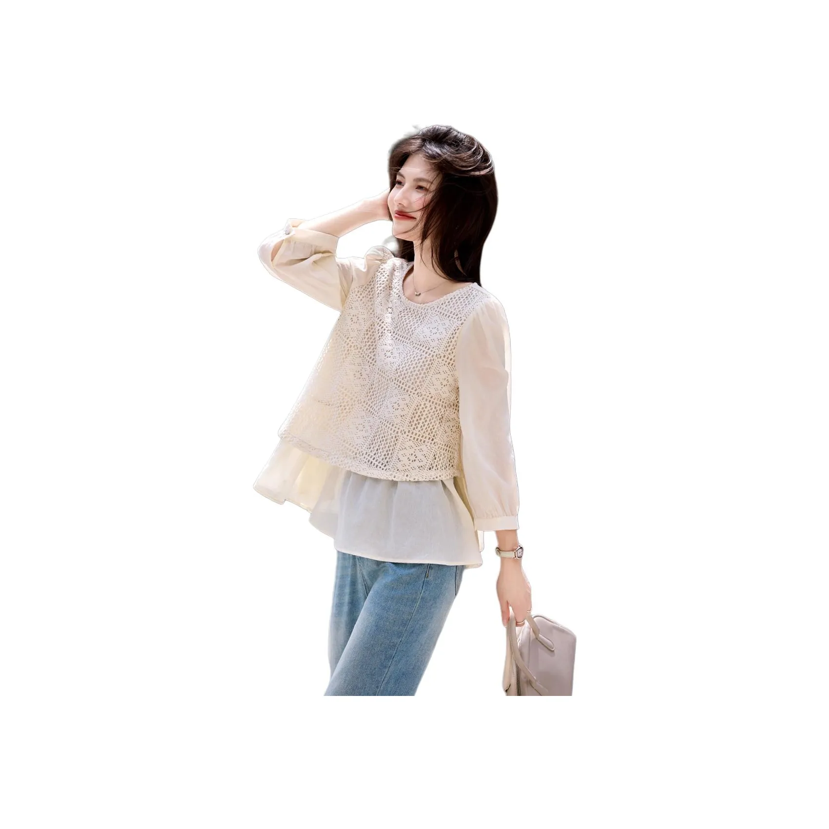 Still Quiet Cut Out Сладкий стиль Возраст Уменьшающий Пэчворк Рубашка Женские