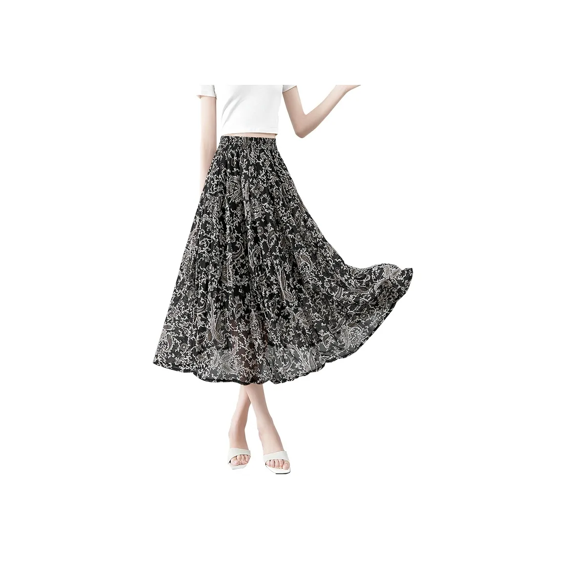 TOUCH Casual Long Skirt Women's Black With Beige And Gray Floral