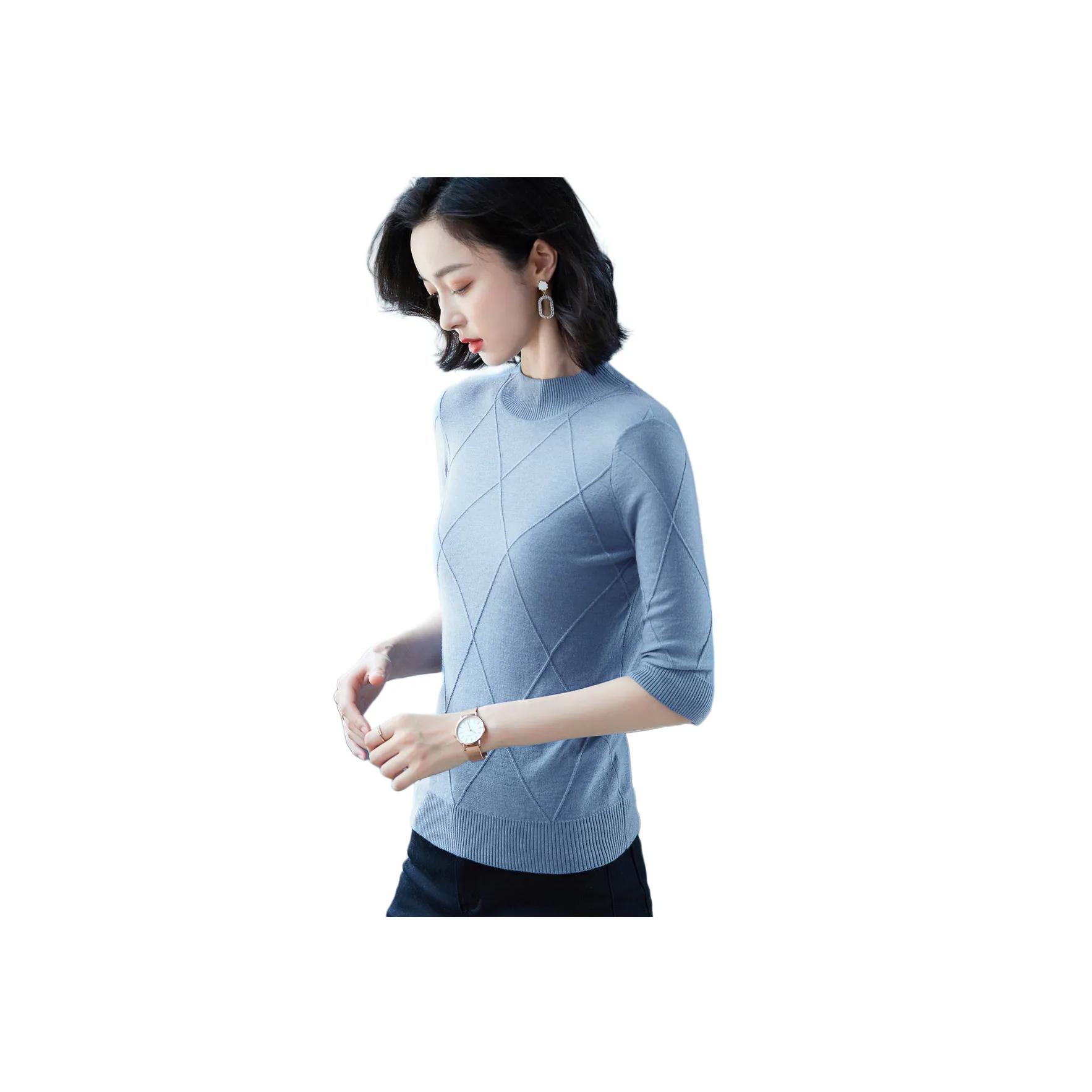 MJ Рукав 3 4 Пуловер Трикотаж Женский