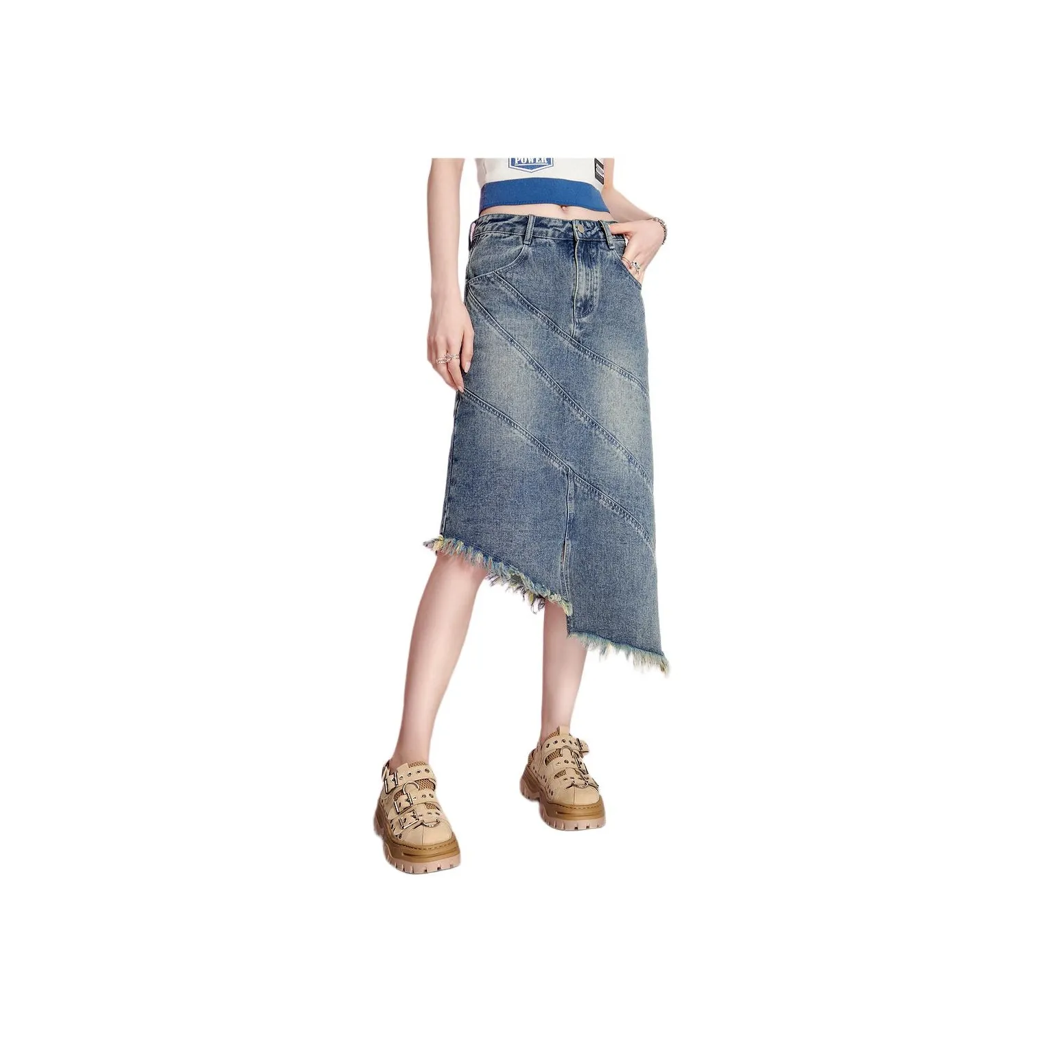 SEENFAAN Denim Long Skirt Women's Vintage Washed Blue