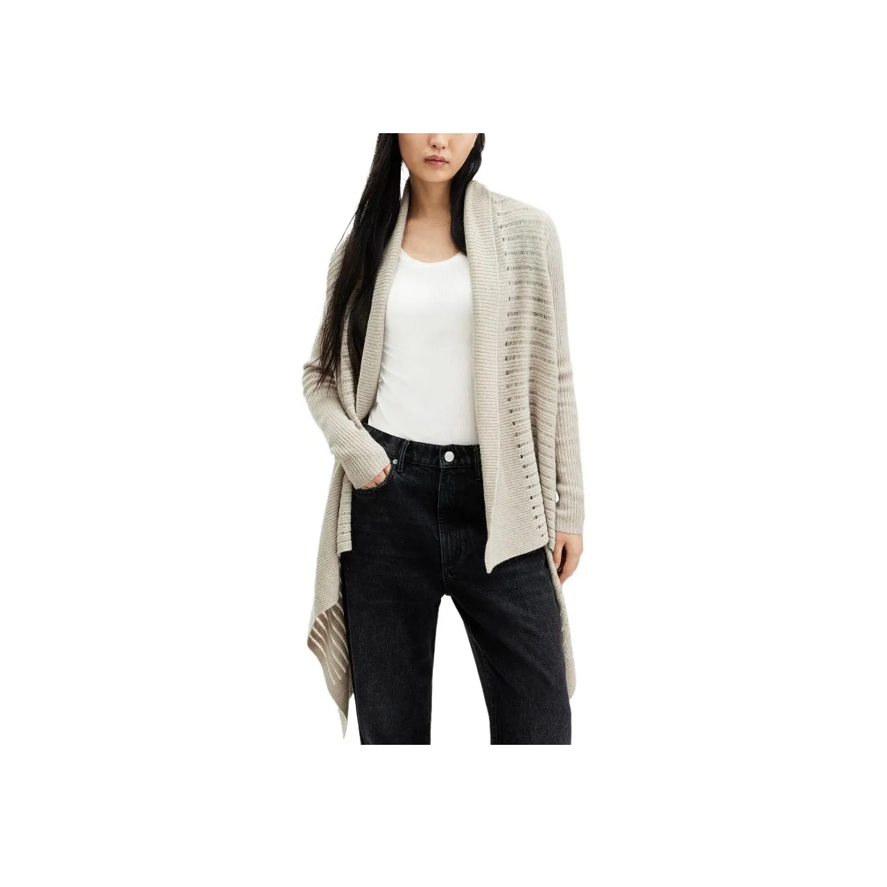 ALLSAINTS Harley Waterfall Open Front Cardigan Knitwear Women's Gray