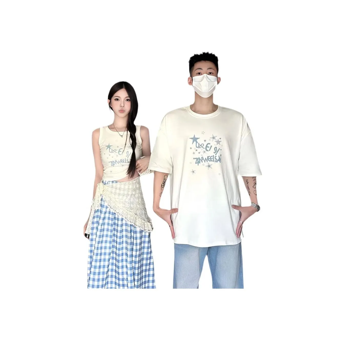 QYPRF Белая одежда для пары Мужская футболка + Женские комплекты в тон