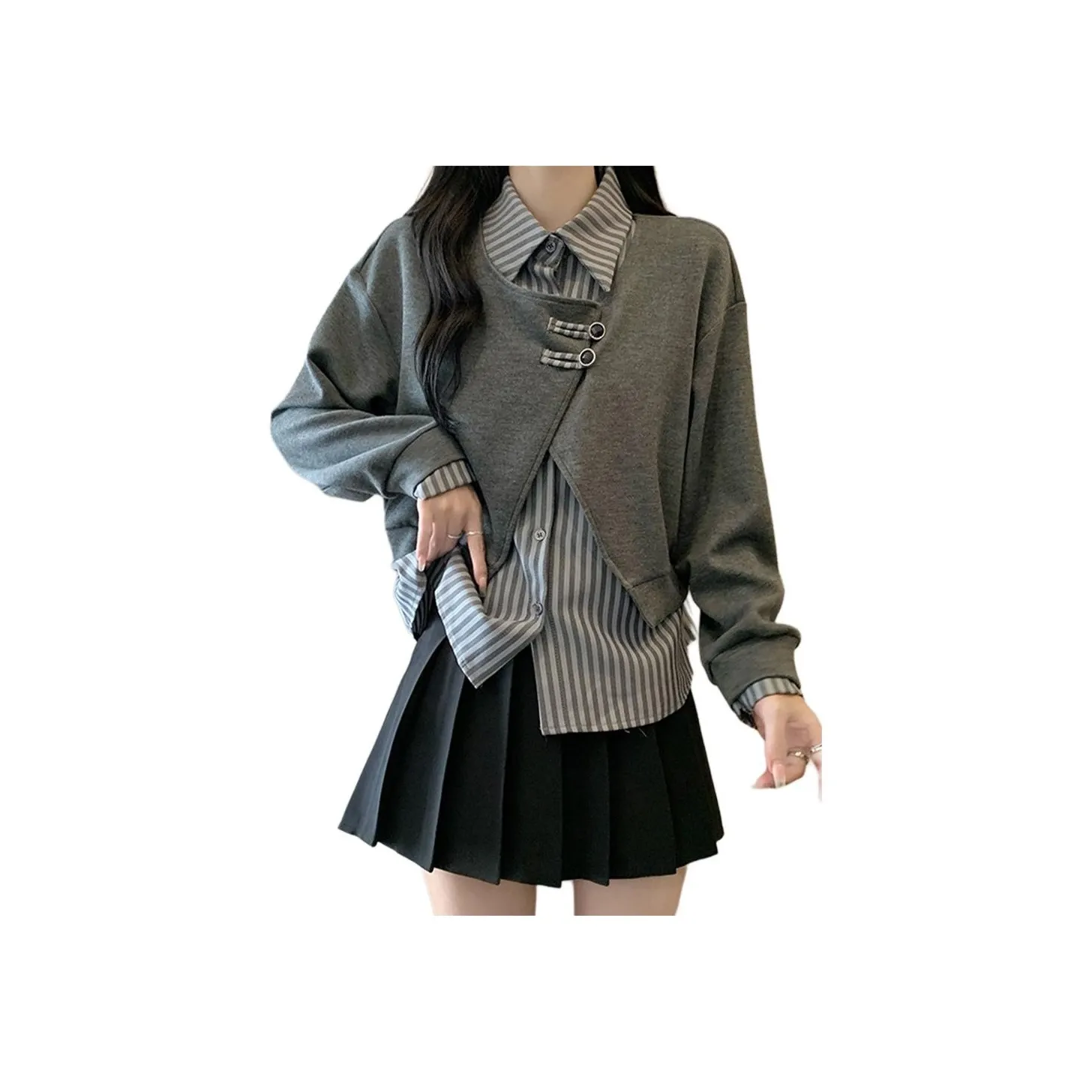 MUQINGQING Серый Воротник поло Длина (размер в длину) Рукав Свитшот Женские Свитшоты