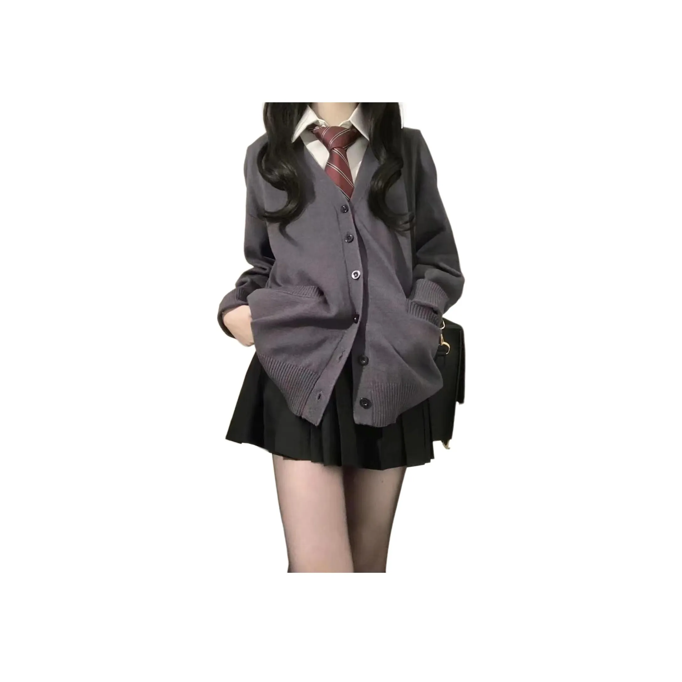 Mu Qingqing Рубашка + Галстук + Черная юбка с оборками + Темно-серый кардиган - четырехпредметный комплект женских юбочных комплектов