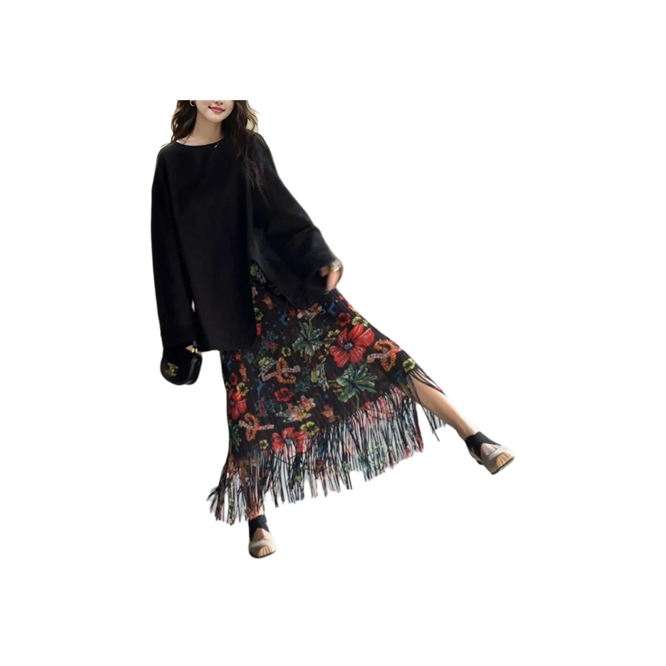 Wbwq Повседневный Длинный Юбка Женские Черный с цветами