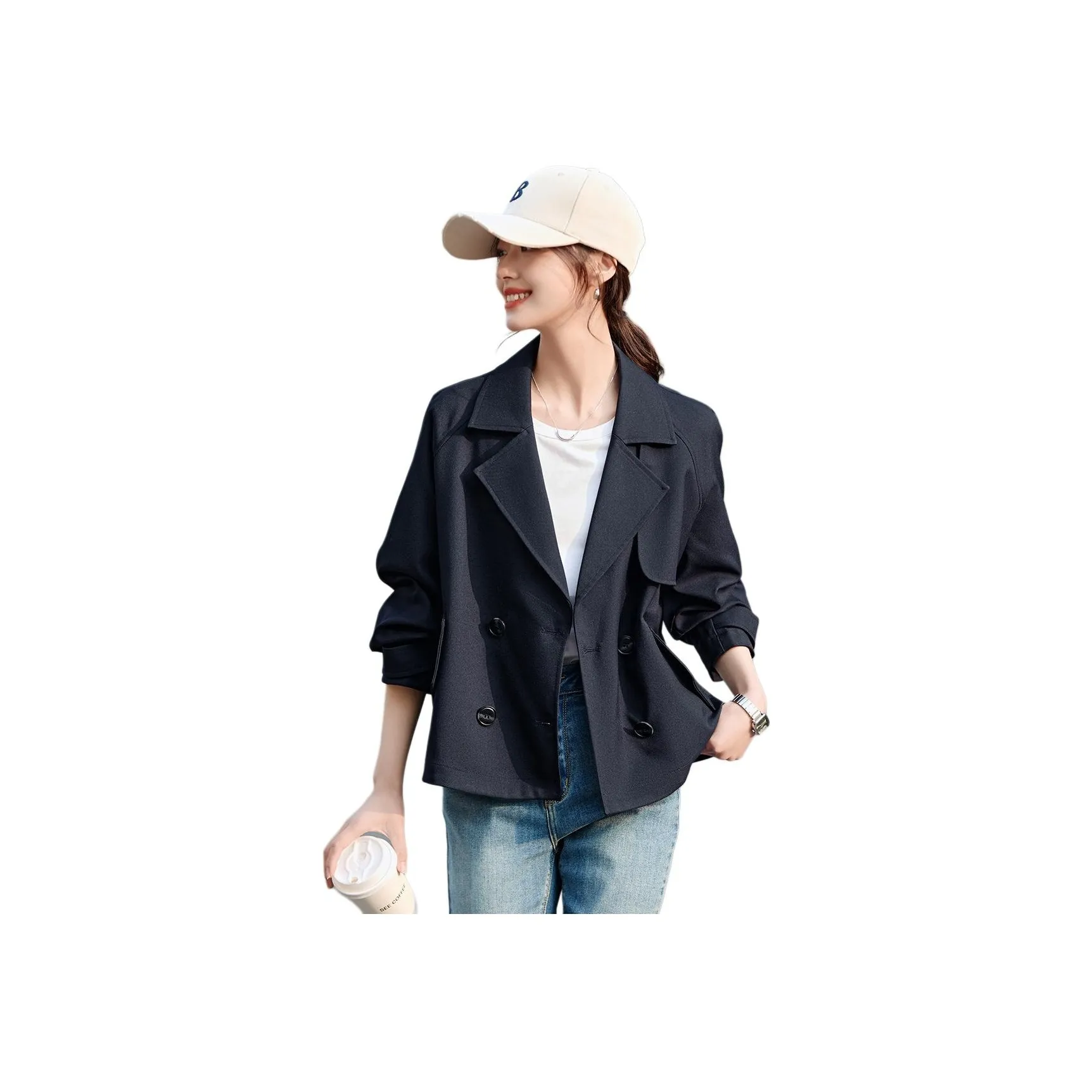 Mo Han Yi Mei Trench Coat Women's Navy Blue