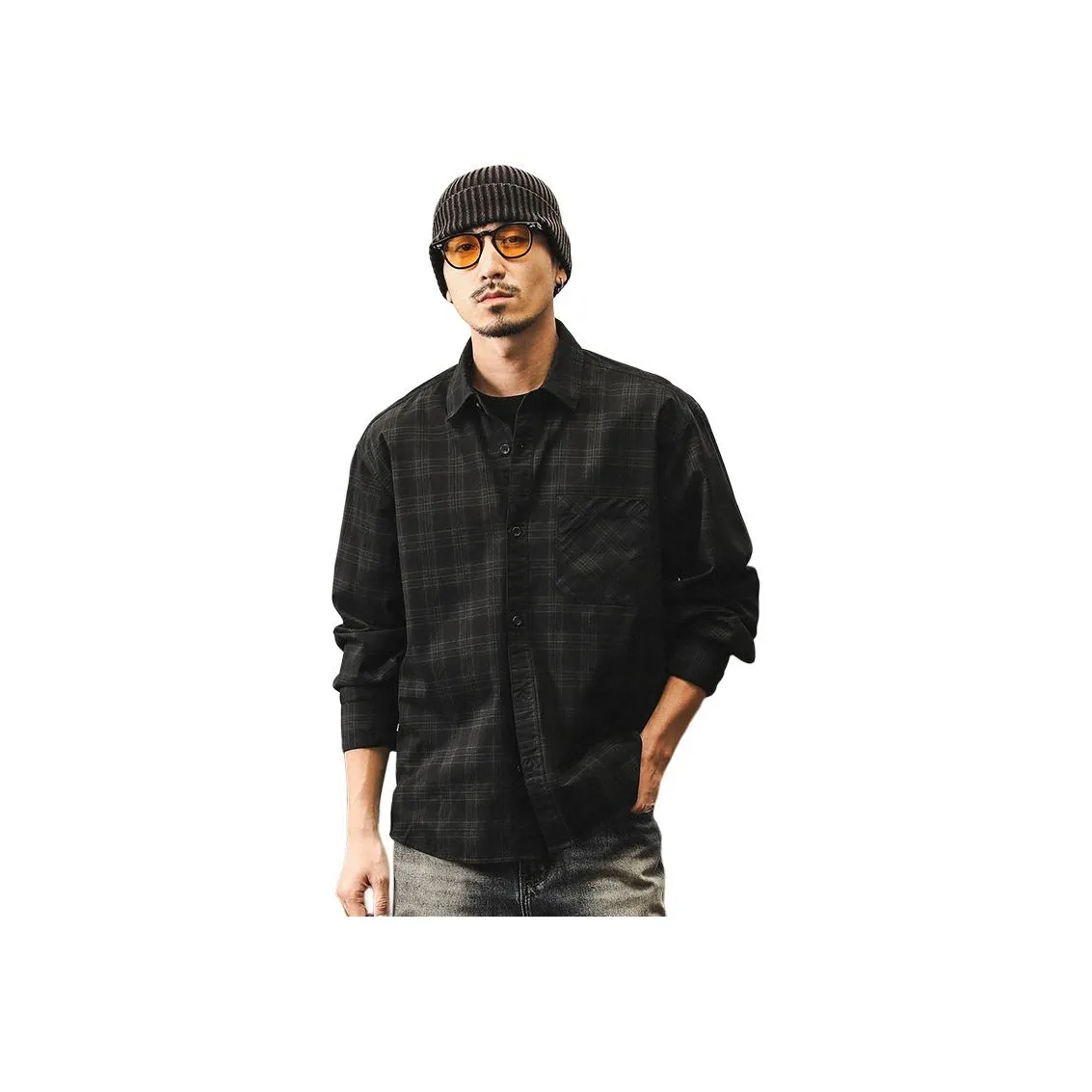 JIELEINUO Черная клетка Мужская рубашка