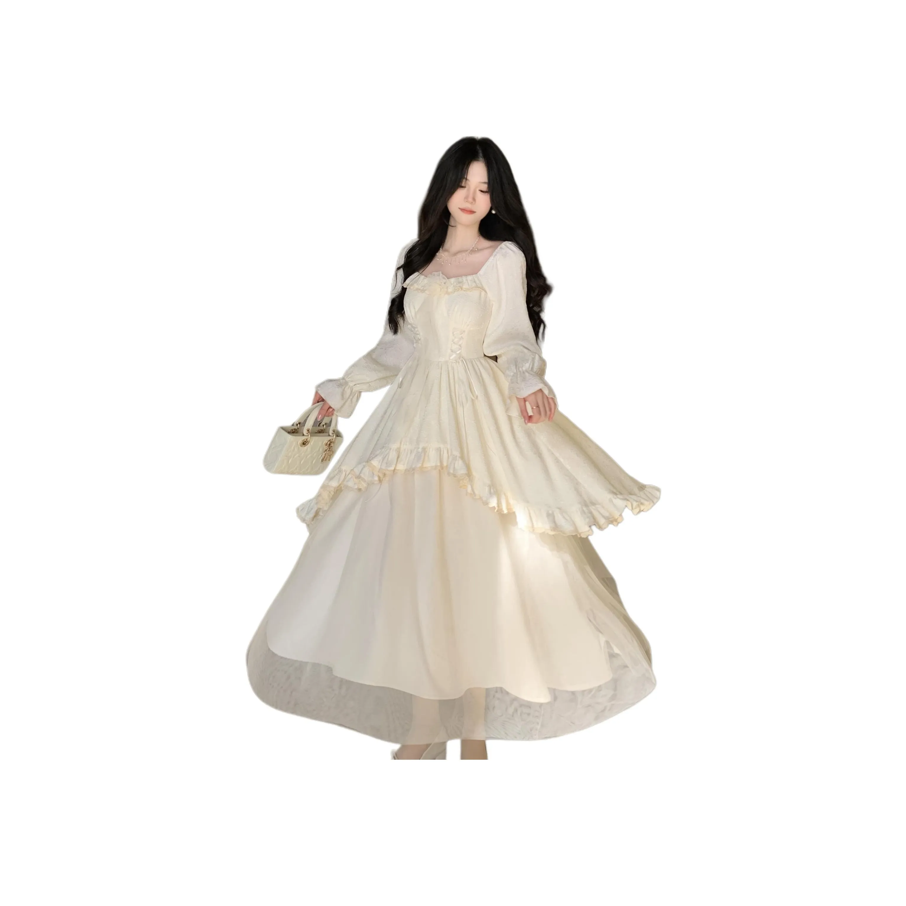 Flowers In Water Long Sleeved Dress Women's Apricot