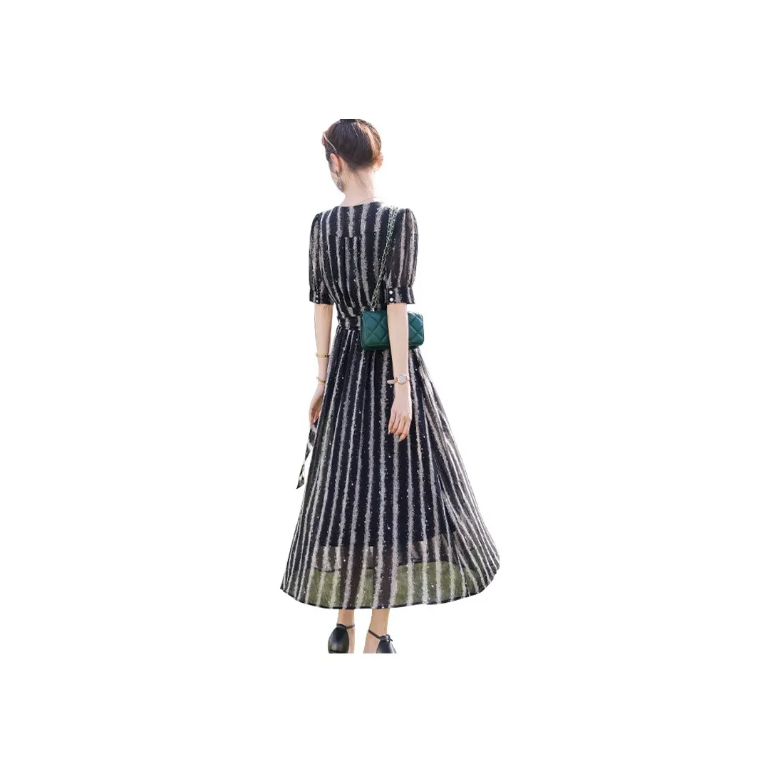 Cypress House Short Sleeved Dress Women's Black With Beige Stripes